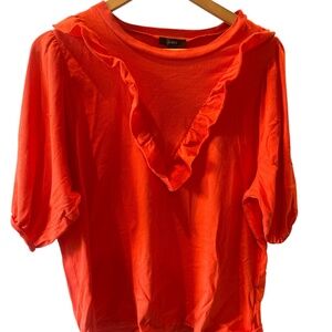 J Crew Ruffle Bib Cotton T-Shirt Size Large Brilliant Sunset AP378 Orange Boho